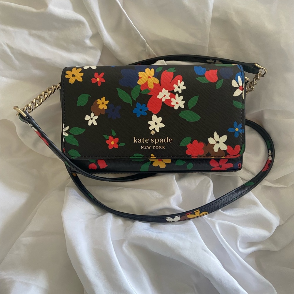 Kate Spade New York | Black Floral Staci Sailin Leather Crossbody Bag - Picture 1 of 5